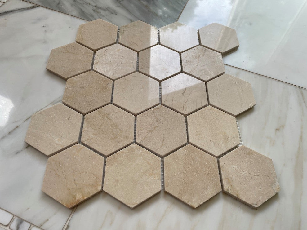 Crema Marfil Marble 3 inch Hexagon Mosaic Tile Polished, 1 sheet