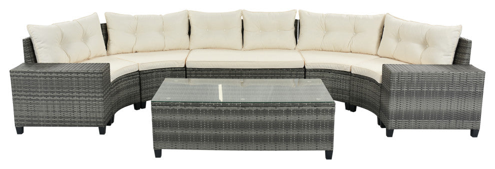 8 Pieces Outdoor Wicker Curved Patio Sectional with Coffee Table and Cushions, Beige