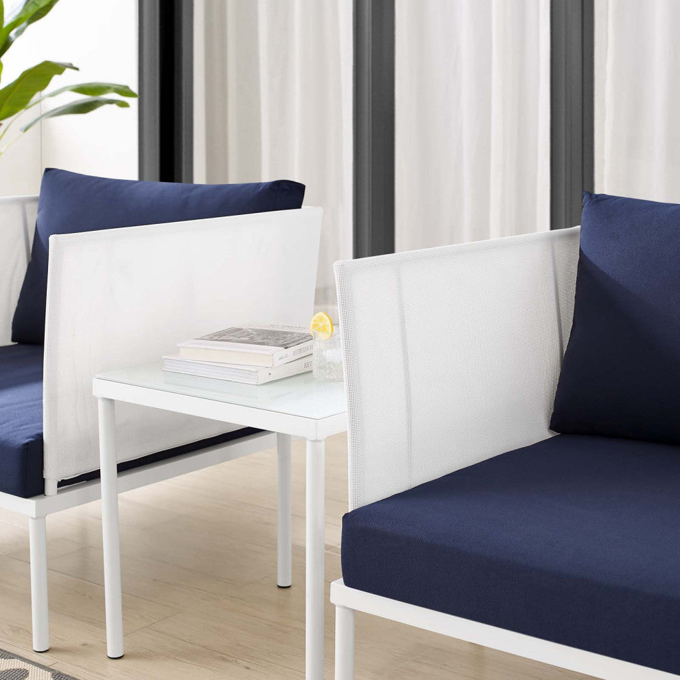 Lounge Chair Table Set, Sunbrella, Aluminum, Metal, White Blue Navy, Outdoor