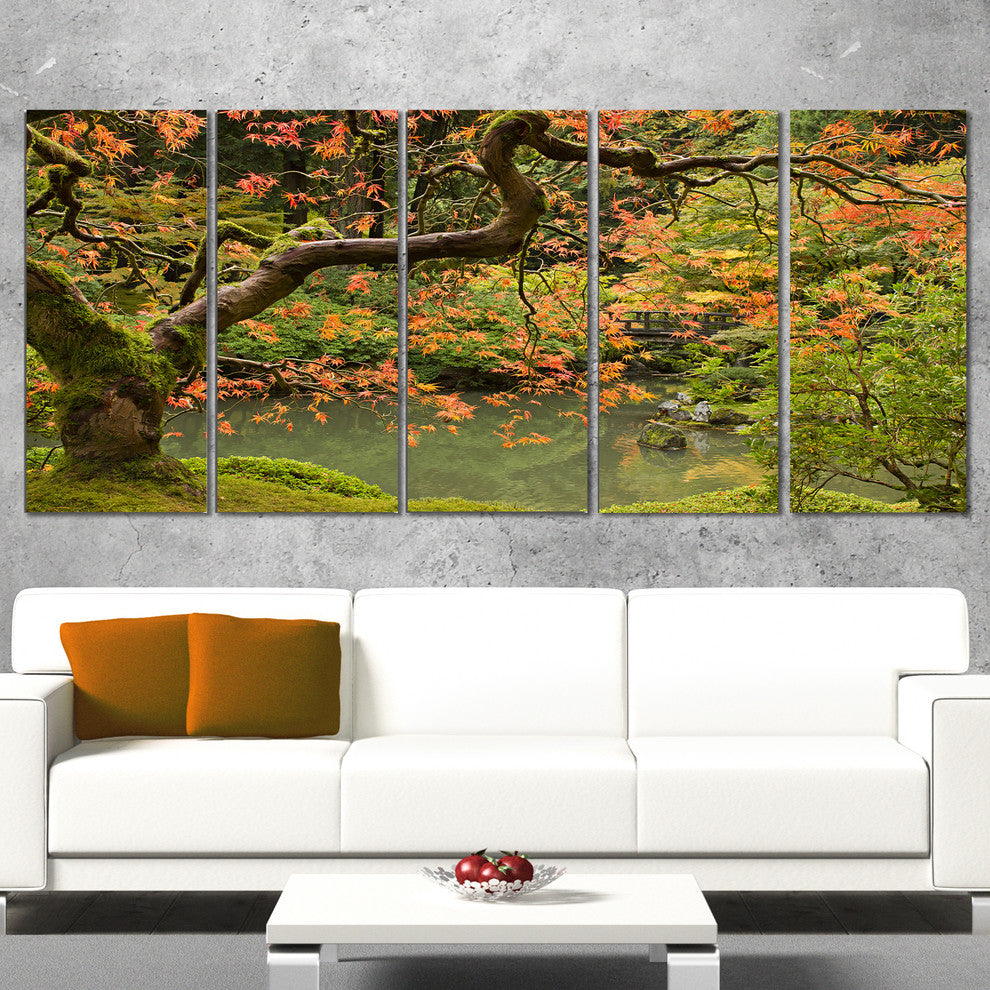 Japanese Garden Fall Season, Large Landscape Canvas Art, 60"x28", 5 Panels
