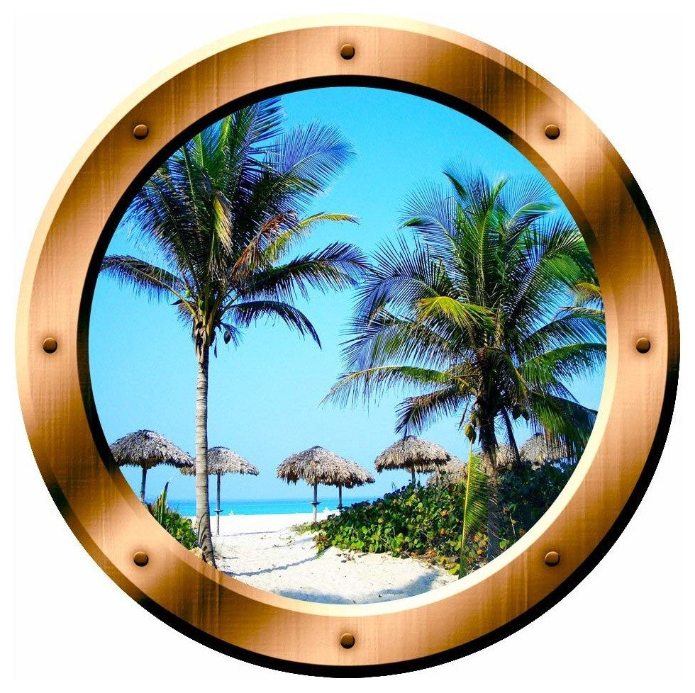 Beach Scene Wall Decal Porthole Palm Trees Window Sticker Wall Art Decor, 1