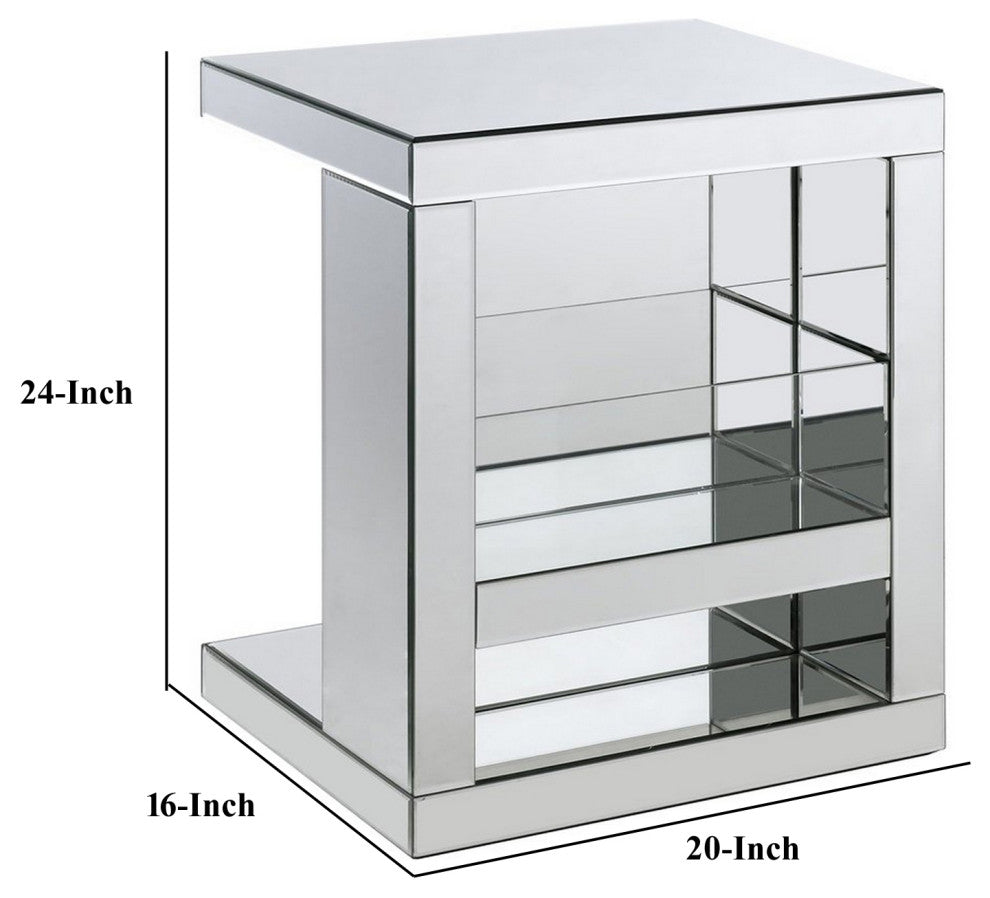 Benzara BM250272 Accent Table With Mirrored Panels and C Shape, Silver