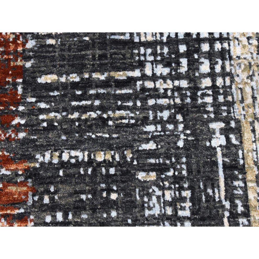 Jet Black, Organic Wool Hand Knotted, Abstract Design Oriental Rug, 9'0"x12'4"