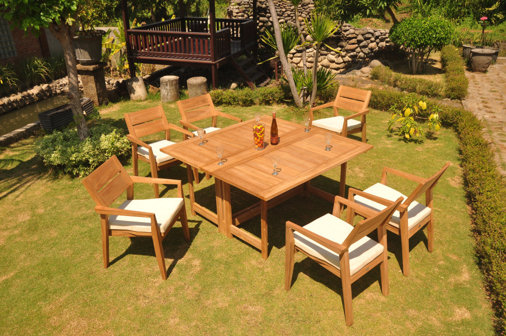 7-Piece Outdoor Teak Set: 60" Square Butterfly Table, 6 Celo Stacking Arm Chairs