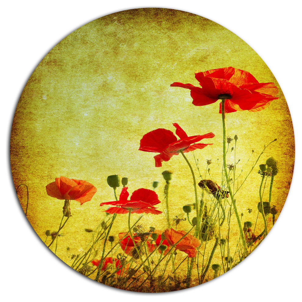Poppy Flowers On Grunge Background, Floral Round Metal Wall Art, 23"