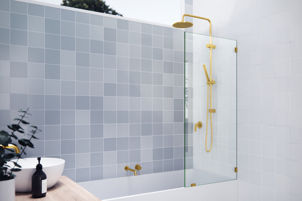 58.25"x28" Frameless Shower Bath Fixed Panel, Satin Brass