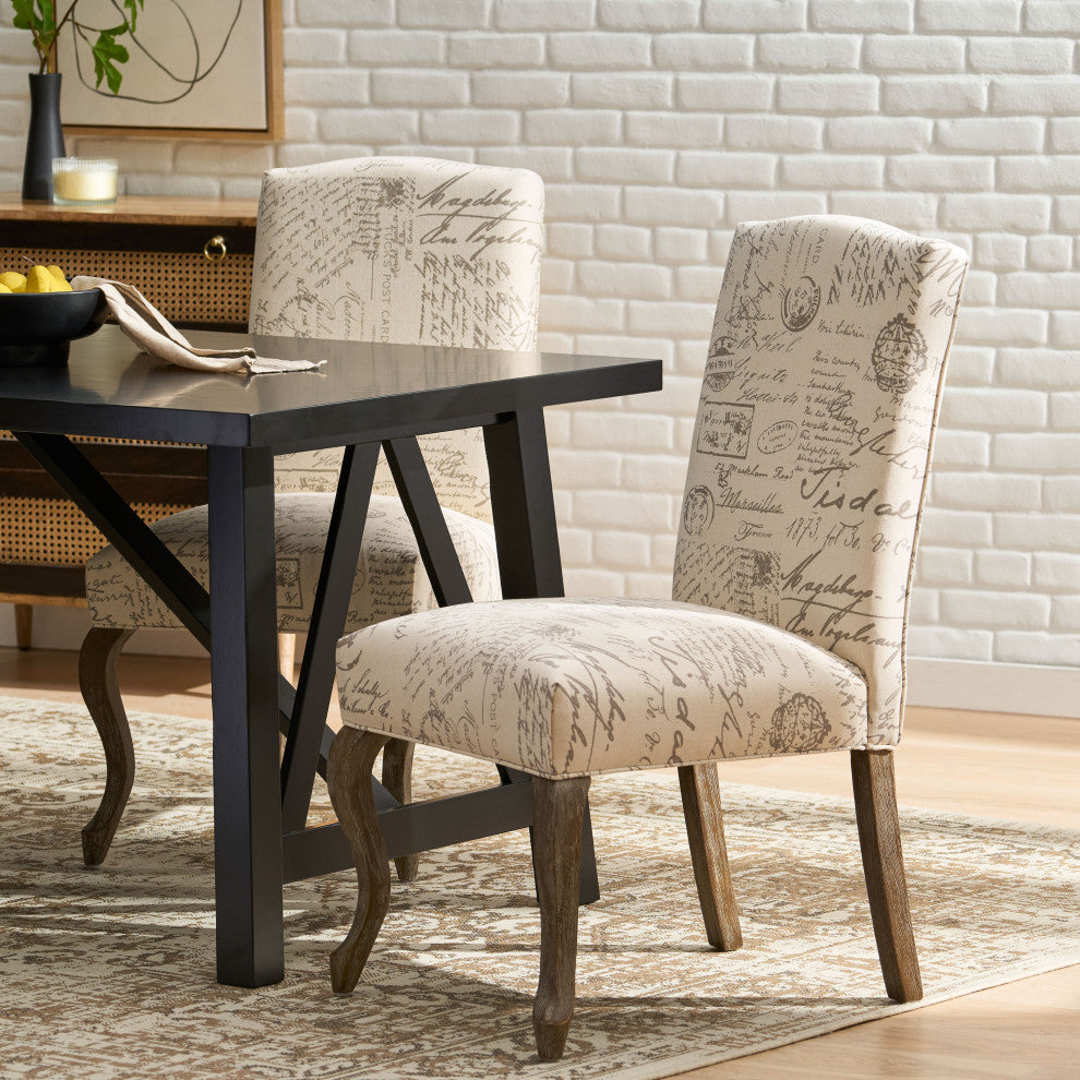 GDF Studio Crown Back French Script Beige Fabric Dining Chairs, Set of 2