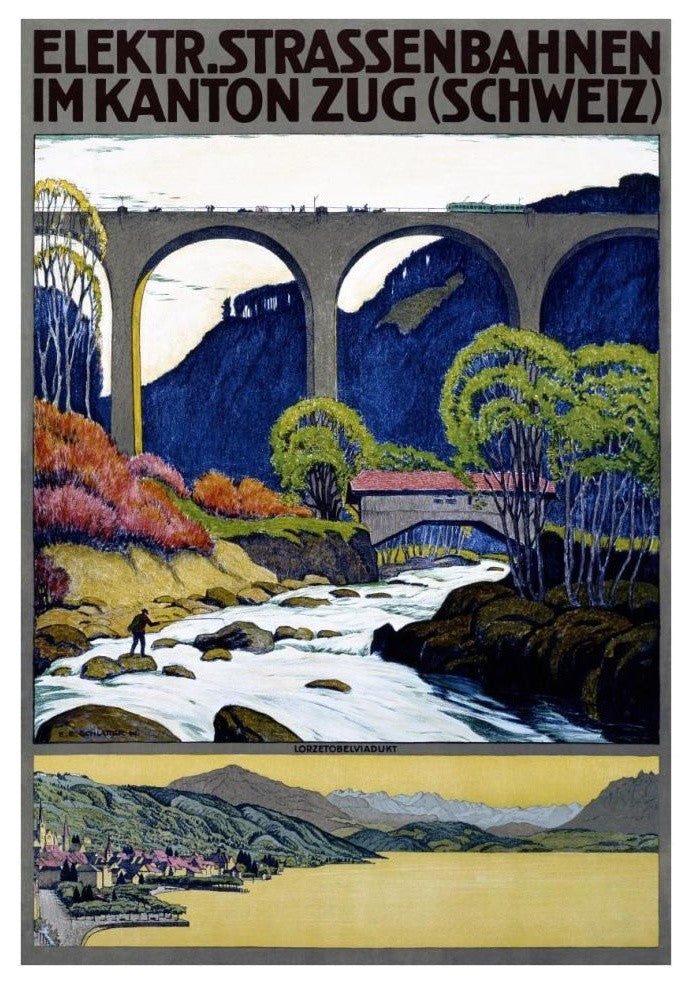 "Elekktr Strassenbahnen im Kanton Zug" Print by Ernst Emil Schlatter, 27"x38"