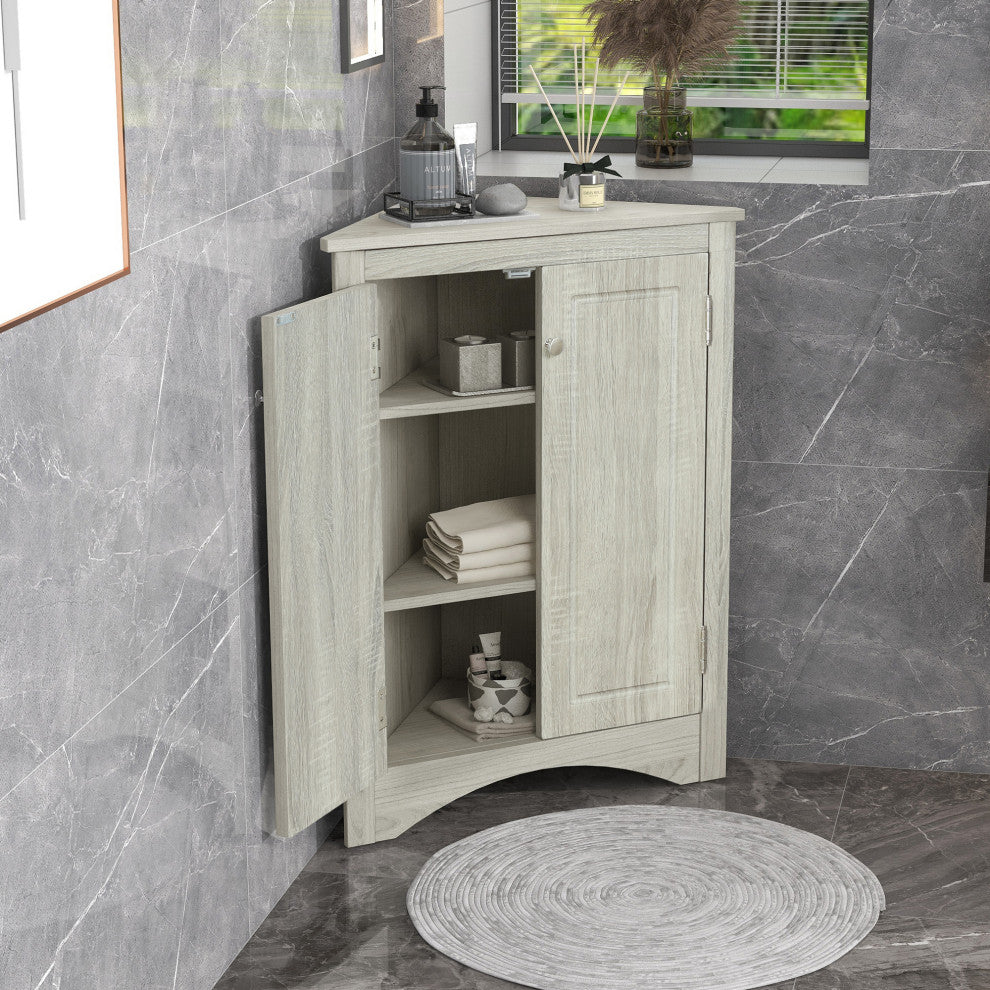 Stylish Triangle Bathroom Storage Cabinet with Adjustable Shelves, Oak