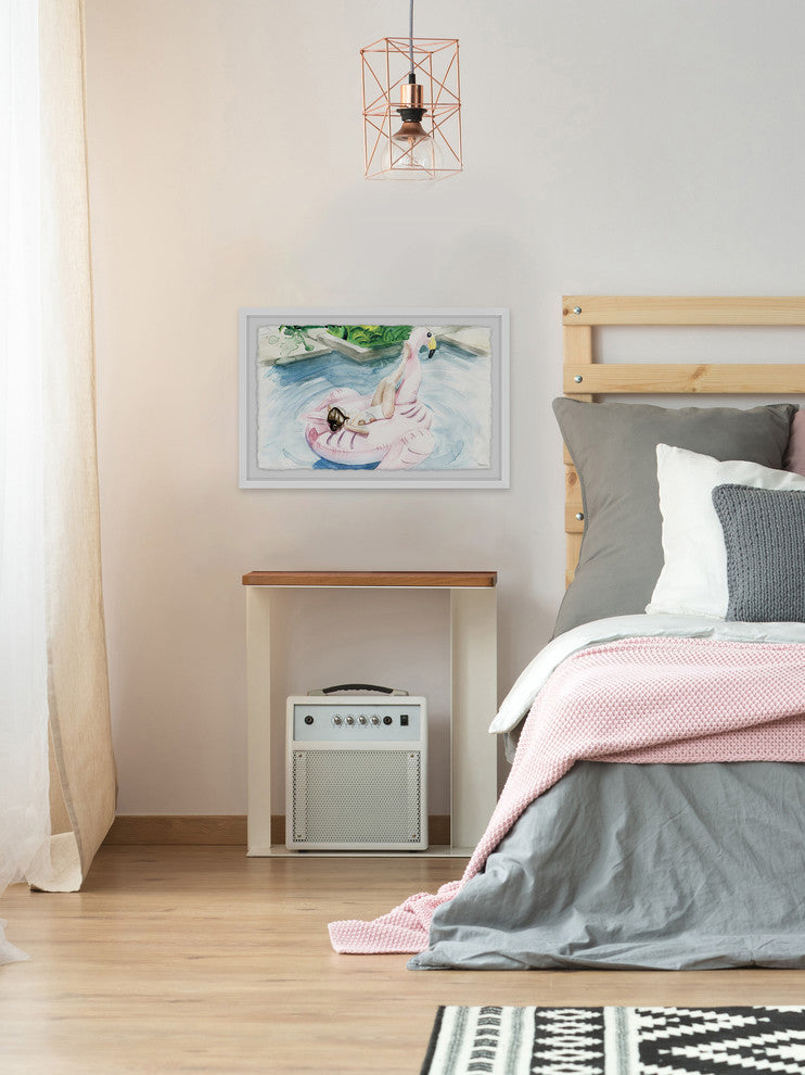 "Flamingo Floater" Framed Painting Print, 12"x8"