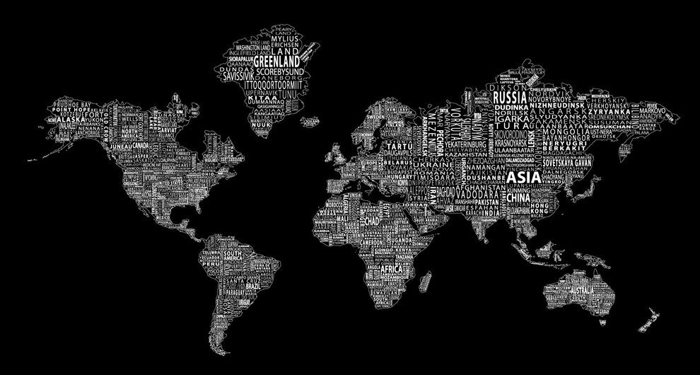 1-World Text Map Wall Mural, White on Black, 3 panel, 107x57"