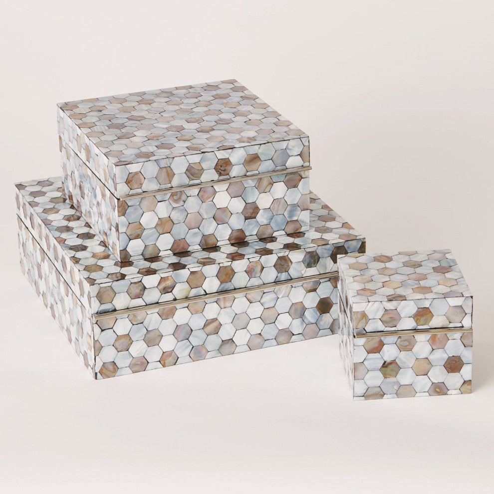 Luxe Mother of Pearl Inlaid Decorative Box  Square 5" Hexagon Honeycomb Shell