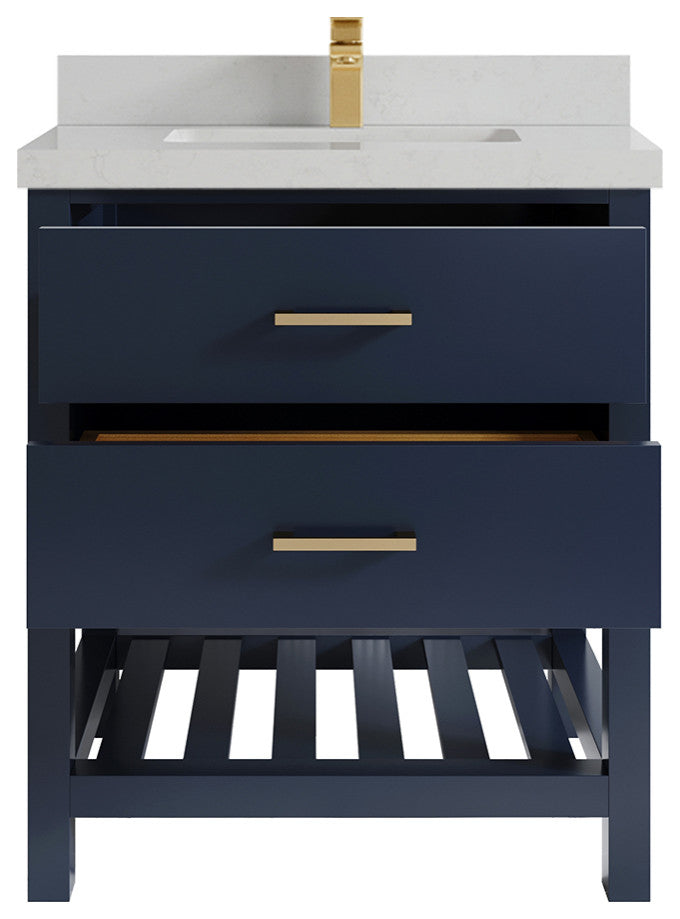 Parker 30 Single Sink Bath Vanity in Navy Blue  2" Carrara Quartz