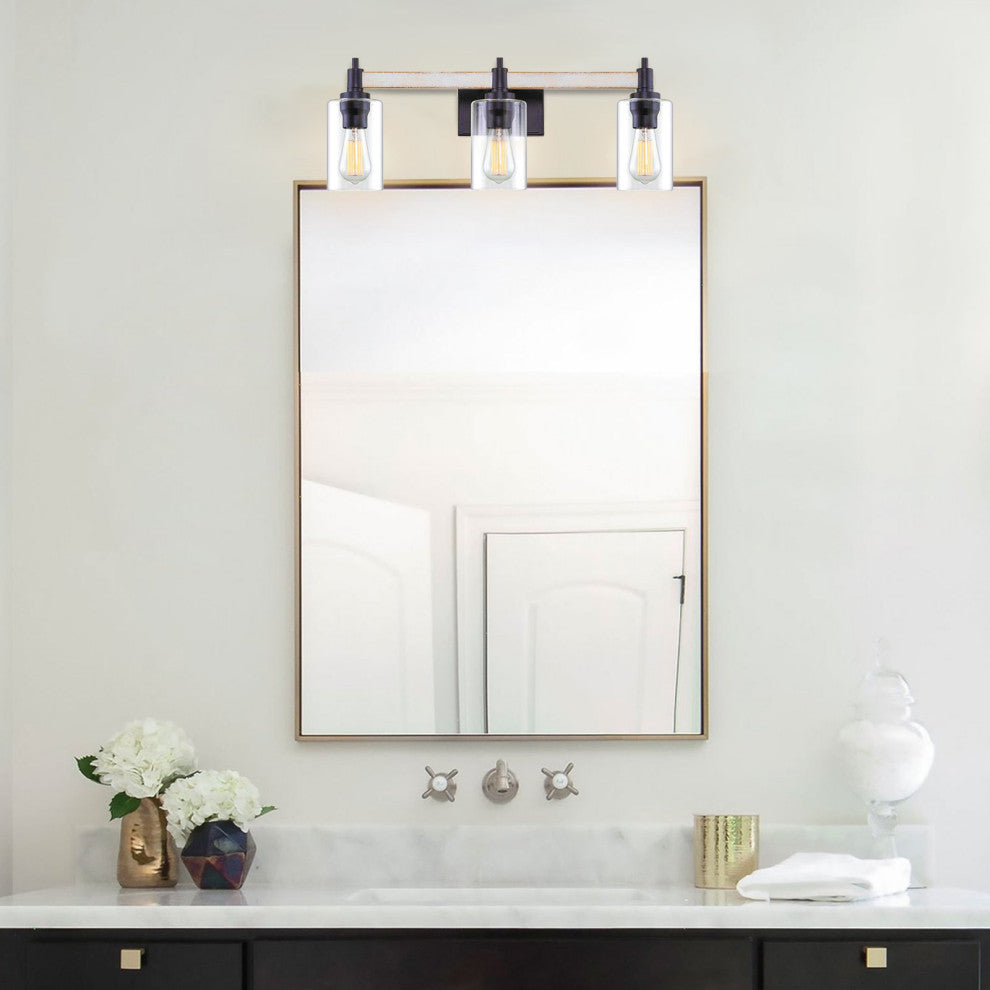 Kira Home Theo 25" Farmhouse Bathroom Light, Cylinder Glass Shades, White Ash