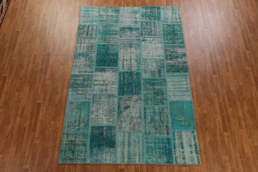 Green Over-dyed Patchwork Turkish Area Rug Hand-tufted Wool Carpet 7x10