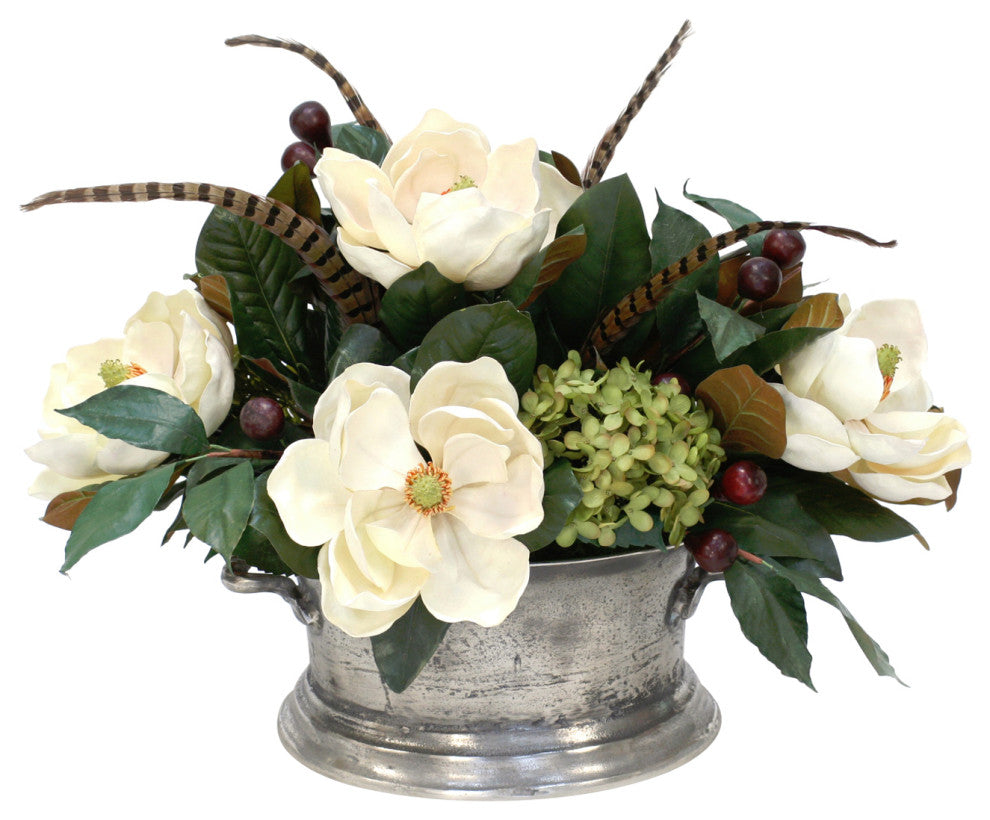Magnolia with Hydrangeas in Silver Urn