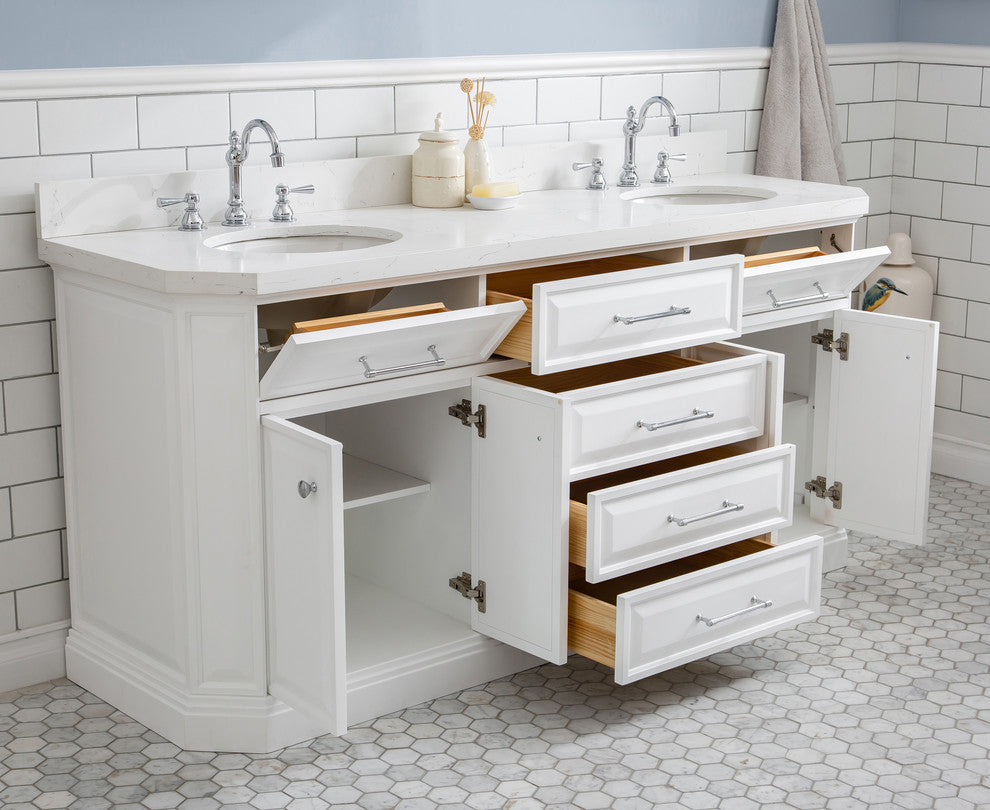 72" Palace Quartz Carrara Pure White Vanity With Hardware, Faucets in Chrome