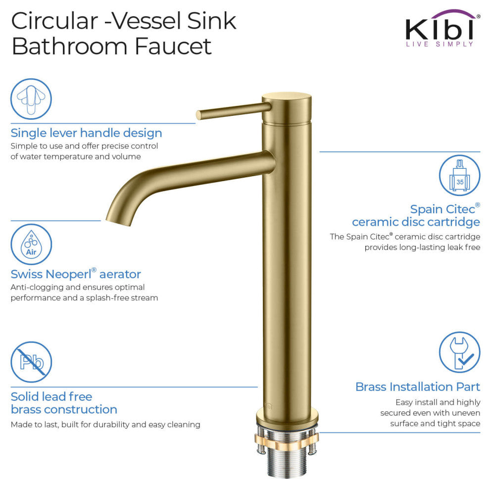 Circular Brass Single Handle Bathroom Faucet KBF1009, Brush Gold, With Drain
