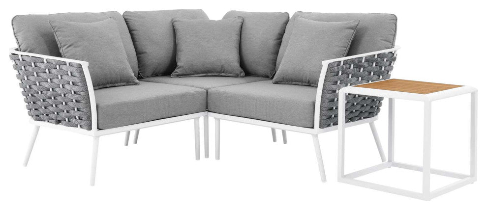 Sectional Sofa Table Set, White Gray, Aluminum, Modern, Outdoor Patio