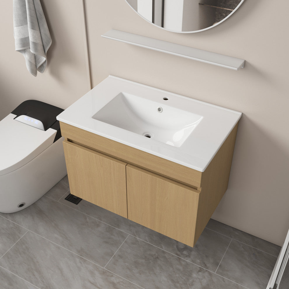 Wall Mounted Bath Vanity, Light Oak, Integrated Ceramic Sink, 36"