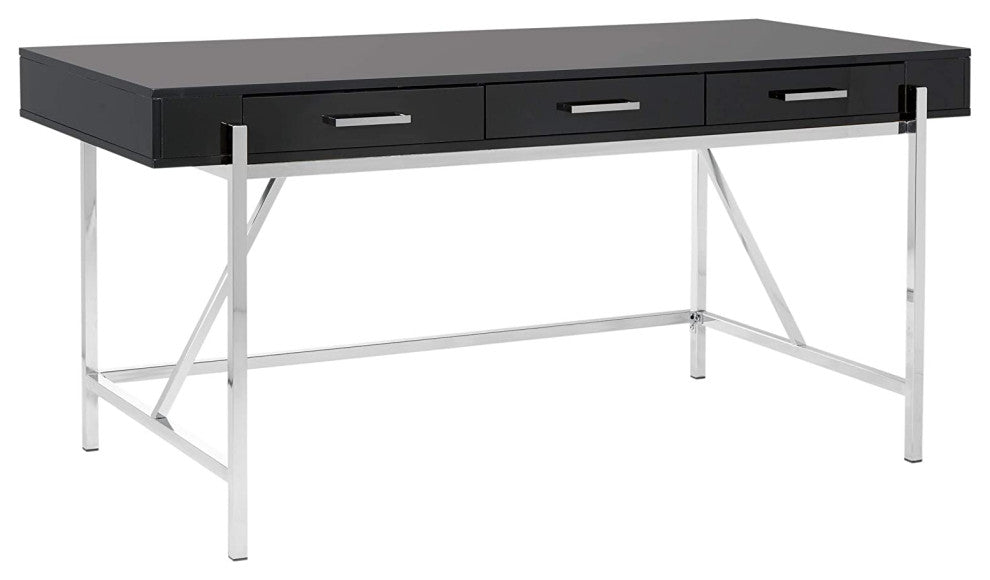Modern Large Desk, Elegant Metal Frame With 3 Drawers, High Gloss Blac