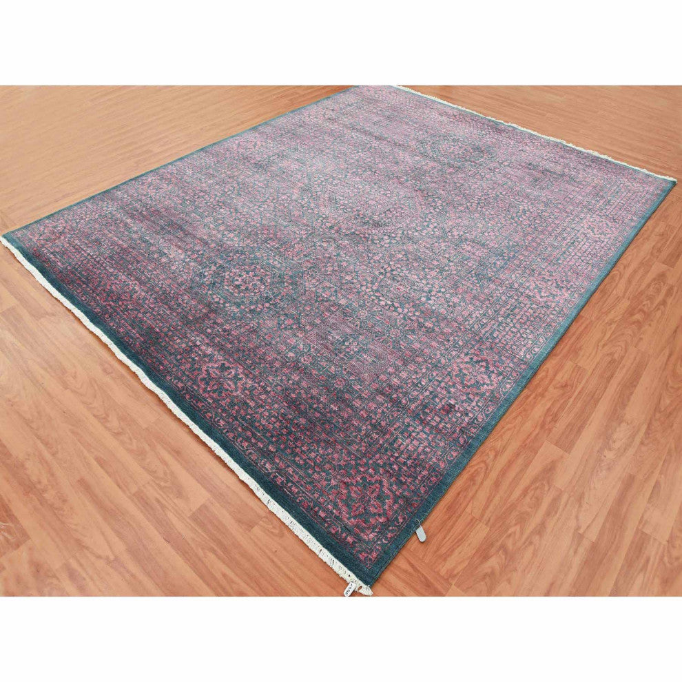 Dark Green Obscured Mamluk Design Wool and Silk Hand Knotted Rug, 8'0"x9'9"
