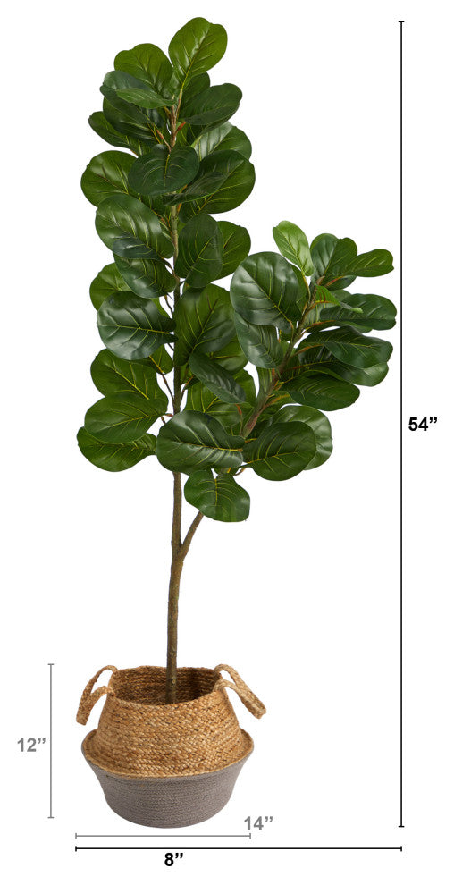 4.5' Fiddle Leaf Fig Artificial Tree, Boho Chic Cotton Jute White Woven Planter