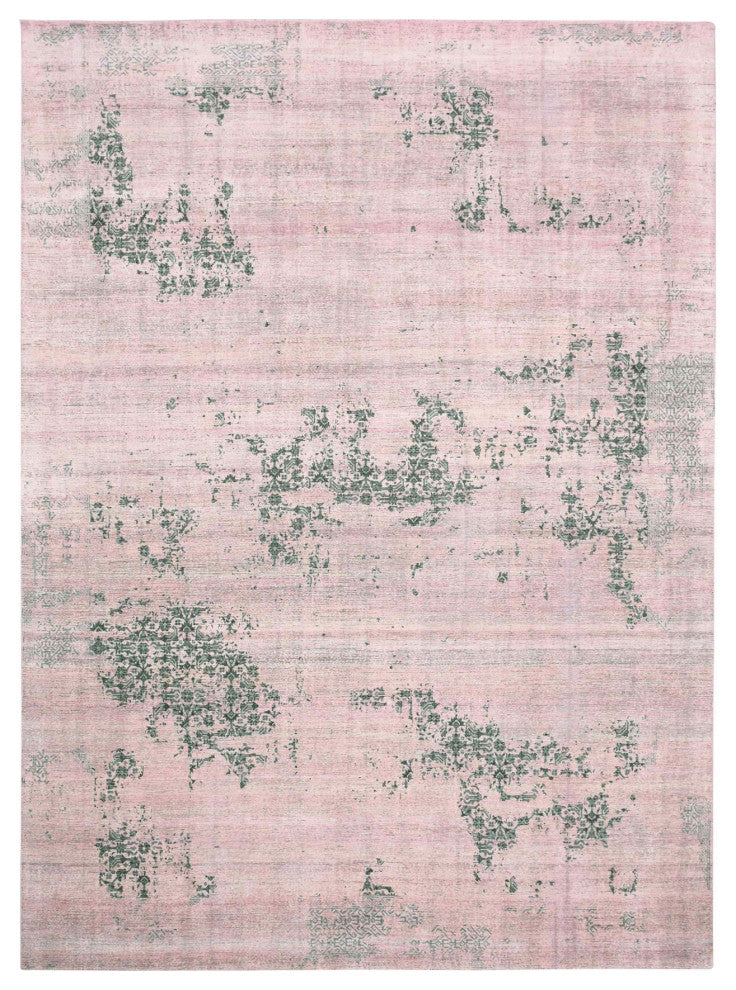 Pink and Gray, Hand Knotted Erased Persian Design, Pure Silk Rug, 8'9"x12'2"