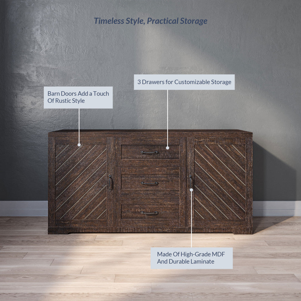 Sideboard, Console Table Or Buffet With Three Drawers & Four Shelves, Espresso
