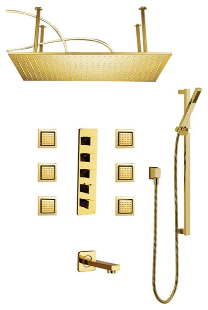 Led 20*40" Large Gold Rainfall Shower System, Handheld Shower, 6-Body Jets