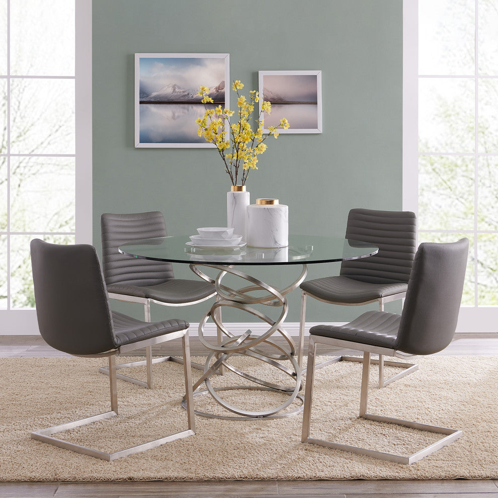 Wendy  Dining Table in Brushed Stainless Steel Finish and Clear Glass top