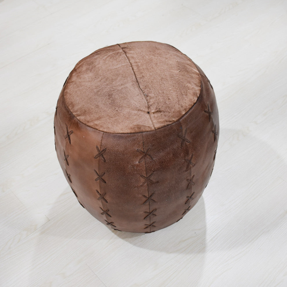 Solid Handmade Leather Pouf, 14x14x14