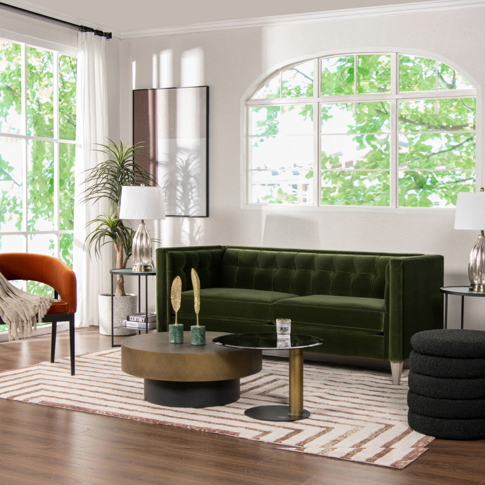 James 74" Modern Tufted Tuxedo Sofa, Olive Green Performance Velvet
