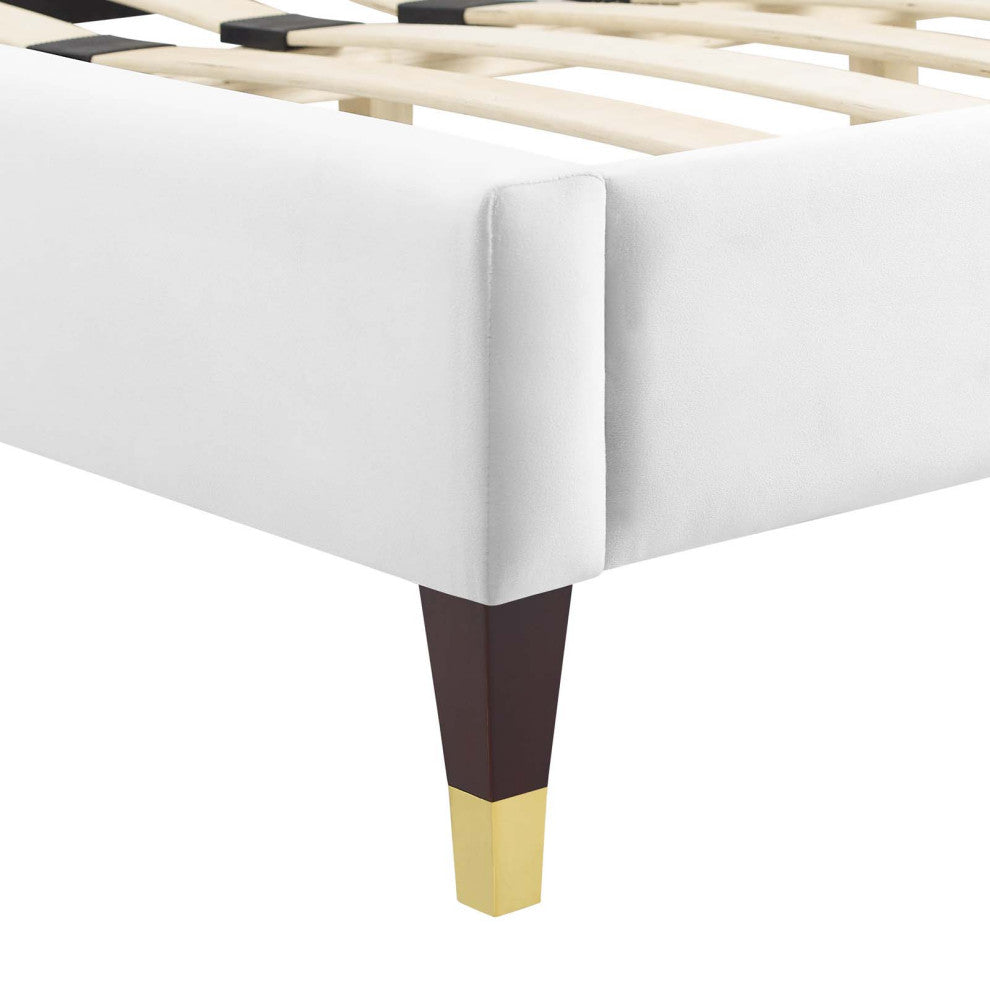 Platform Bed Frame, Queen Size, White, Velvet, Modern, Bedroom Guest Suite