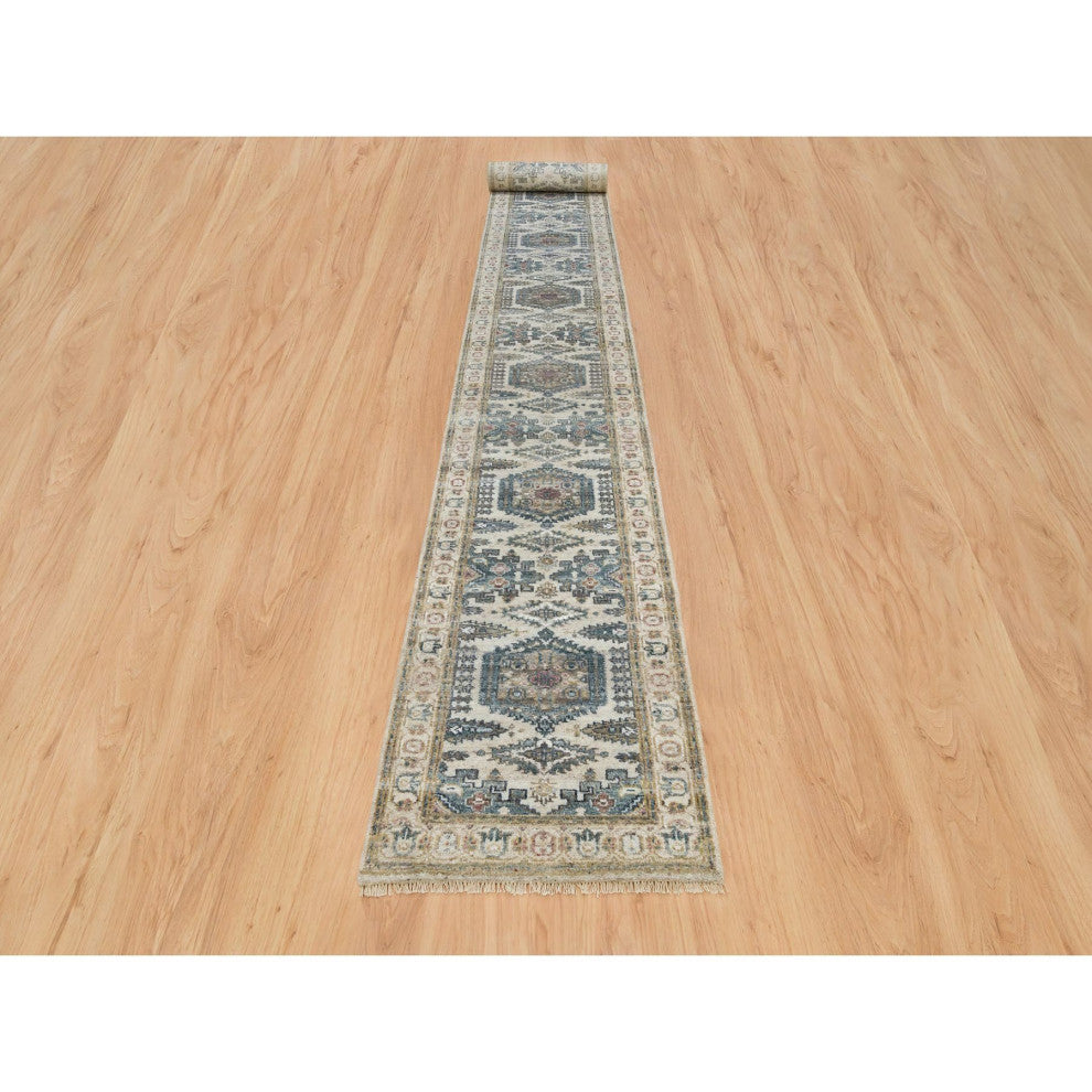 Ivory Wool Hand Knotted Reimagined Viss XL Runner Oriental Rug  2'7"x21'7"