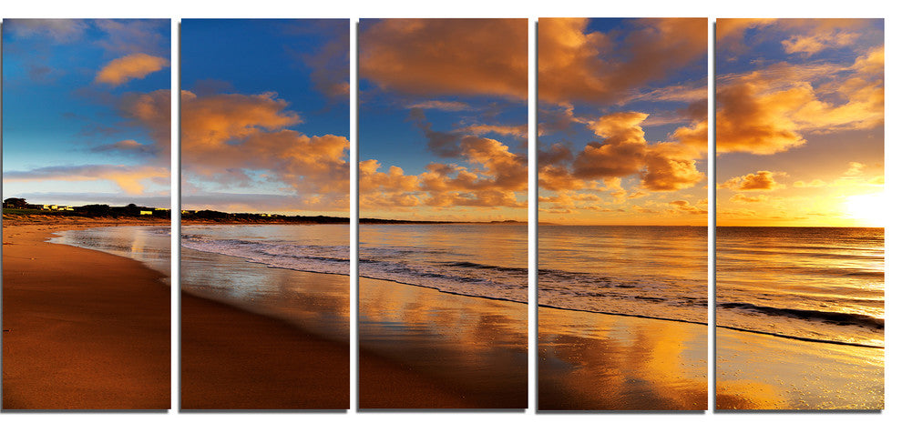 Colorful Sunset on the Beach, Landscape Canvas Art Print, 60"x28", 5 Panels
