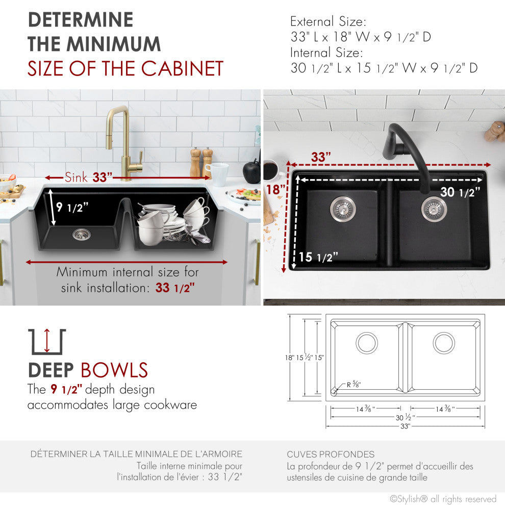 33" Dual Mount Workstation Double Bowl Black Granite Kitchen Sink