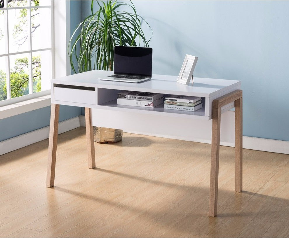 Benzara BM148830 Contemporary Style Desk With Open Storage Shelf, White & brown