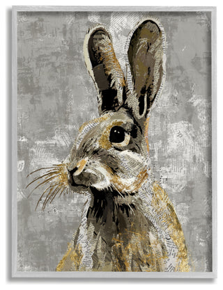 Rabbit Newspaper Collage Gray Gold Design, 11"x14", Gray Frame