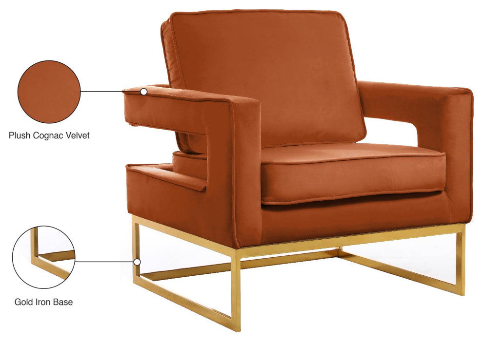 Noah Velvet Upholstered Accent Chair, Cognac, Gold Base