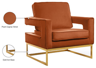 Noah Velvet Upholstered Accent Chair, Cognac, Gold Base
