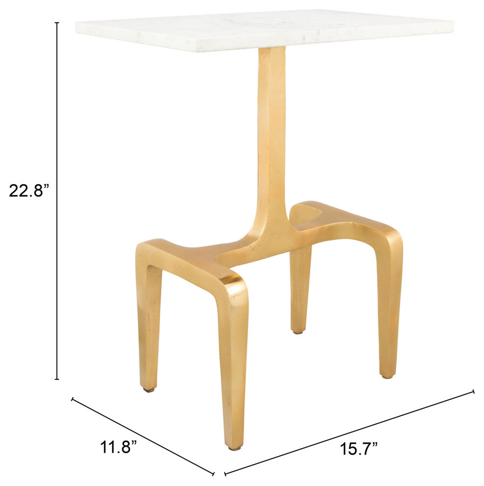 Sofa Side Table, Rectangular, Artificial Marble, Aluminum Metal, White, Gold