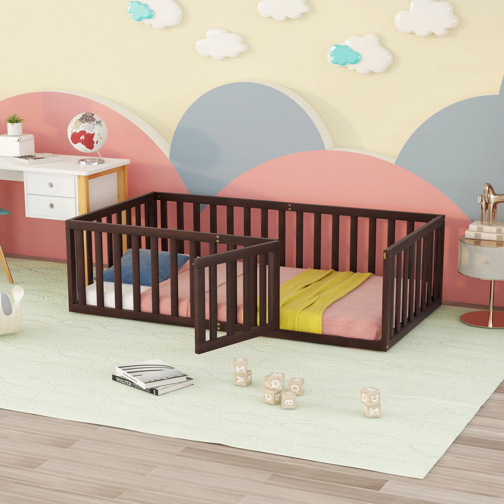 TATEUS Stylish and Versatile Floor Bed for Kids"™Bedroom Fences, Walnut, Twin
