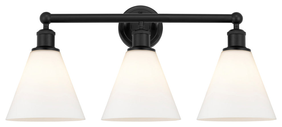 Berkshire 3-Light 26" Bath Vanity Light, Matte Black Finish, Matte White Shade