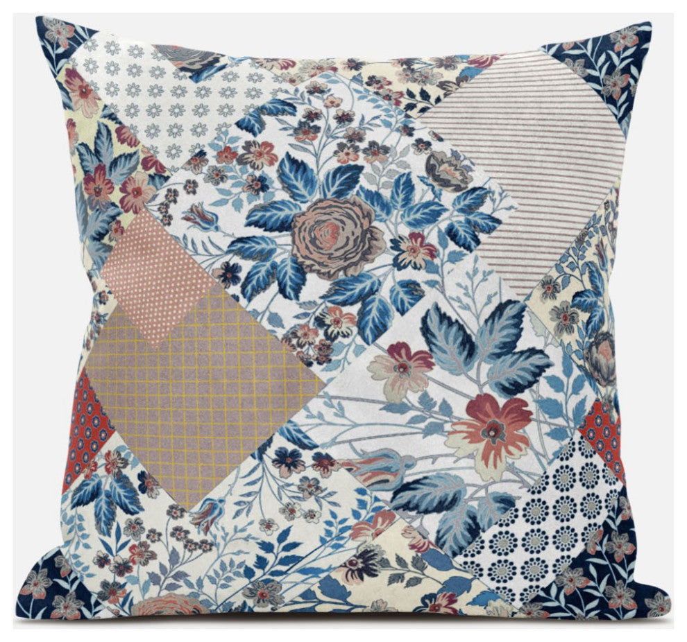 20" Blue Peach Floral Zippered Suede Throw Pillow