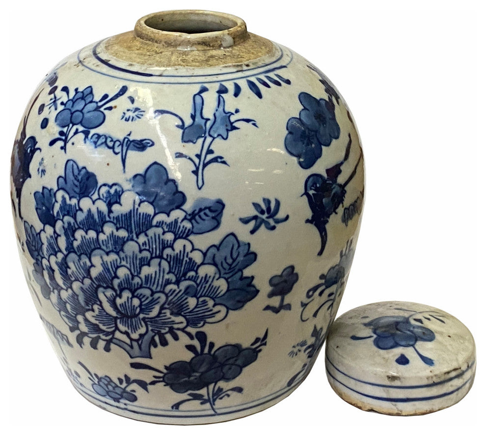 Chinese Oriental Small Blue White Birds Flowers Porcelain Ginger Jar Hws1870