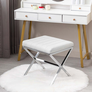 Channel-Tufted Faux Leather X Bench, White