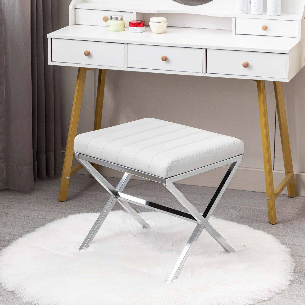 Channel-Tufted Faux Leather X Bench, White