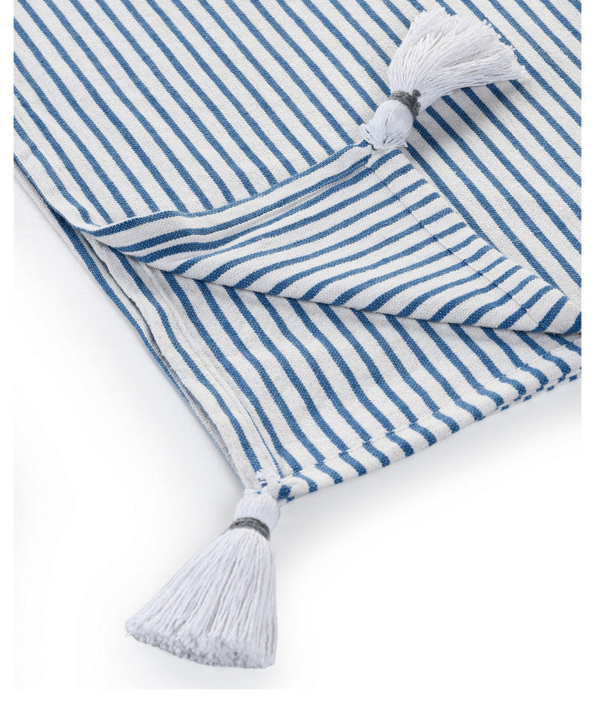 Ivory Striped Throw Blanket with Tassels, Blue/Ivory