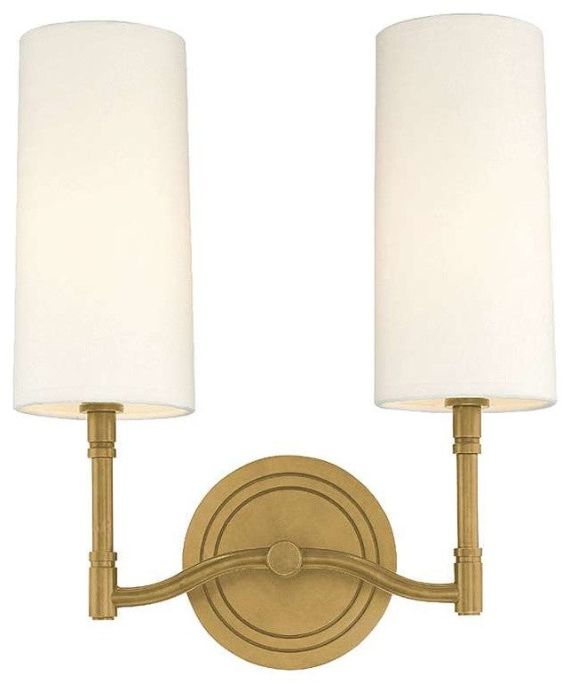Dillon, Two Light Wall Sconce, Aged Brass Finish, Off White Linen Shade